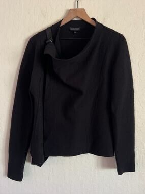 Eileen Fisher 100% Boiled Wool Wrap Front Jacket Small Black Lagenlook Minimal